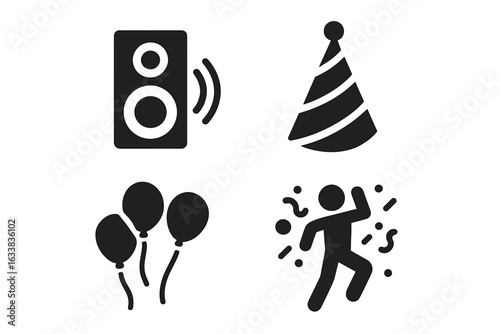 Pool party celebration icons set. Solid vector symbols of music speaker, party hat, balloons, confetti, dancing person. Festive summer event essentials. Black filled illustrations isolated on white