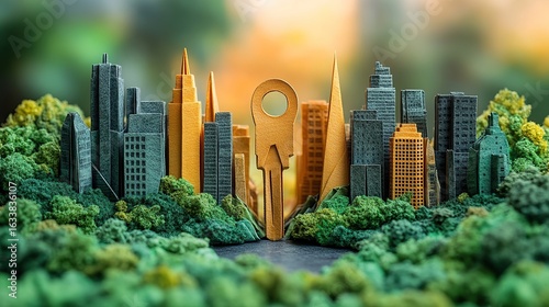 A creative miniature cityscape built around a large key positioned at the center symbolizing opportunity access and the unlocking of urban potential