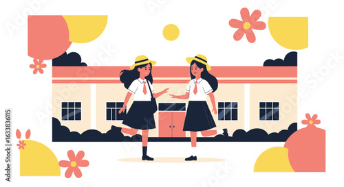Cheerful Schoolgirls Meeting In Front Of School Building With Floral Decoration