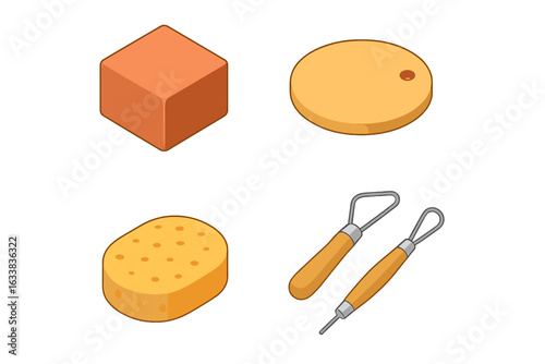 Pottery Tools Icon Set. Isometric Vector Collection of Ceramic Craft Equipment and Materials Including Clay Block, Round Bat, Sculpting Sponge, Loop and Wire Tools. Art Studio Supplies
