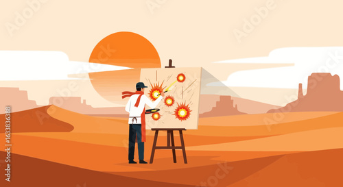 Desert Artist Creating Sun Explosions On Canvas Under Scorching Sun