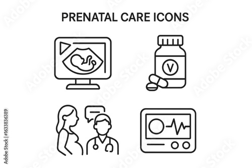 Prenatal care icons set for pregnancy health. Outline vector of ultrasound scan, prenatal vitamins bottle, doctor consultation, fetal heartbeat monitor. Medical pregnancy symbols isolated.