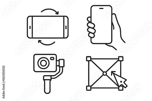Mobile Device Orientation and Creative Control Icons Set. Outline Vector of Smartphone Rotation, Handheld Grip, Camera Gimbal Stabilizer, Digital Interface Drag Pointer Design. Technology UI Concepts