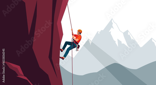 Determined Rock Climber Ascending Cliff With Mountain Backdrop Illustration
