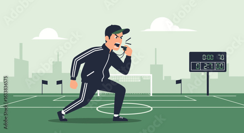 Determined Soccer Coach Urging Team Forward During Tense Match Scenario