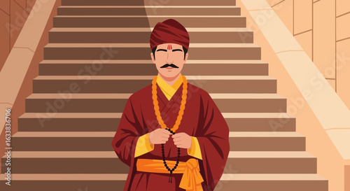 Devotee Man Holding Prayer Beads Standing Before Temple Stairs Illustration