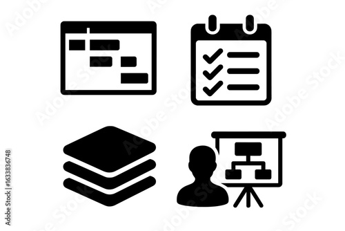 Project Planning Icons Set with Solid Filled Style Featuring Gantt Chart, Task Calendar, Stacked Files, and Project Management Vector Illustrations on Transparent Background