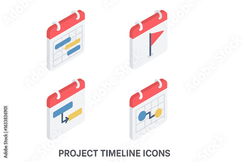 Project Timeline Icons Set. Isometric Calendar Vector Illustration Pack. Gantt Chart, Milestone Flag, Task Dependency, Scheduling Symbols for Project Management, Planning, Deadline Tracking