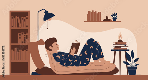 Cozy Evening Reading Scene With Person Relaxing At Home In Comfortable Pajamas