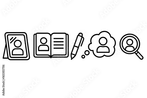 Self reflection icons linear set. Personal identity, self discovery, introspection, memory, psychological analysis, mind process, biography, journaling concept. Profile focus line icons