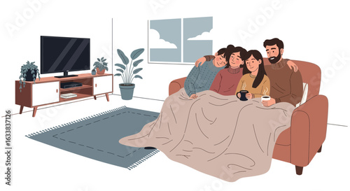 Cozy Family Bonding Time on Couch with Warm Blanket and Hot Beverage