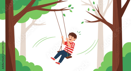 Cheerful Young Boy Swinging On A Rope Swing Between Tall Trees