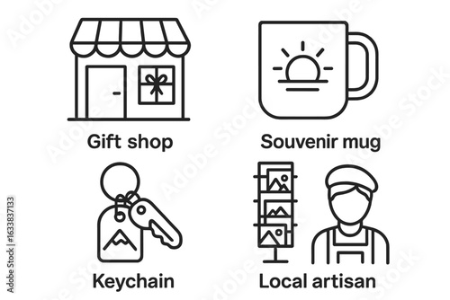 Souvenir shopping line icons set. Gift shop, souvenir mug, keychain, local artisan, travel memorabilia, tourism gift vector illustration. Outline style shopping, keepsake, handcraft, tourist concept