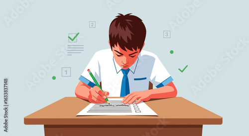 Diligent Student Completing Exam On Paper At School Desk With Concentration