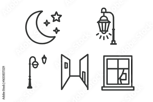 Nighttime loneliness outline icon set. Vector illustration of moon, stars, street lamp, glowing window, empty alleyway. Urban night depression, insomnia, solitude, isolation, sadness symbols.
