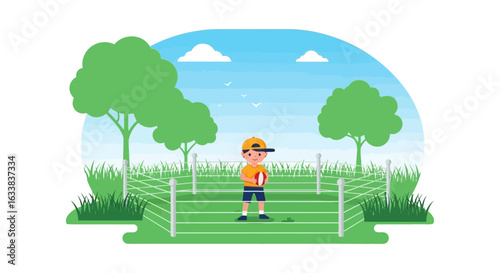 Cheerful Youngster Preparing To Throw A Ball On The Sports Field Illustration