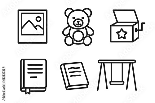 Nostalgic Childhood Memories Icon Set. Outline Vector Collection Featuring Polaroid Photo, Teddy Bear Toy, Jack-in-the-Box Music Box, Handwritten Diary, Swing Set. Vintage Childhood Retro Symbols.