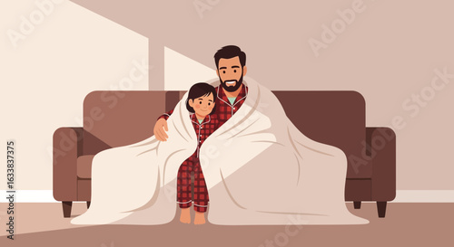 Cozy Father And Daughter Embrace Under Warm Blanket In Living Room