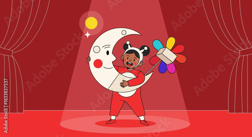 Child Actress Performing On Stage Holding A Moon And Colorful Flower