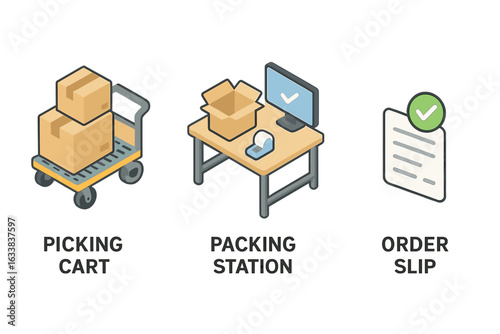 Isometric order fulfillment process icons set for warehouse, delivery, logistics. Picking cart with boxes, packing station, order slip, checklist, shipping label. E-commerce supply chain vector