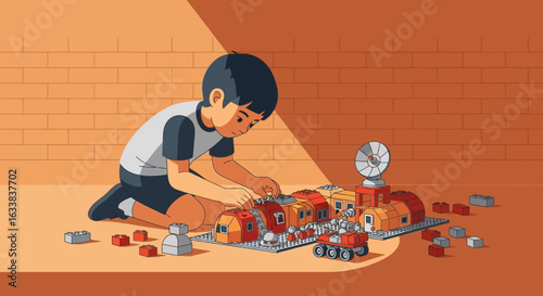 Child Building A Space Station With Toy Blocks In A Warm Colored Room