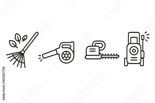 Outdoor cleaning tools vector icons set. Line art illustrations of garden leaf rake, electric leaf blower, hedge trimmer, pressure washer. Landscaping equipment, yard maintenance symbols isolated.