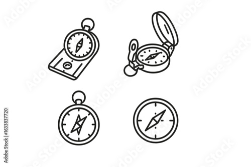 Set of Outdoor Compass Icons. Outline Vector Collection of Hiking, Navigation, Orienteering Tools. Includes Baseplate Compass, Lensatic Compass, Magnetic Dial. Adventure Equipment Isolated on White
