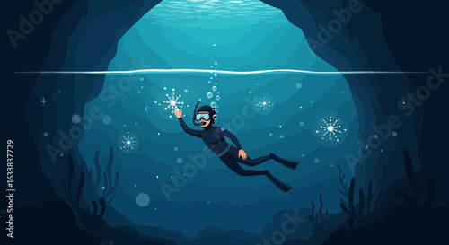 Diver Explores Sea Cave With Bioluminescent Organisms In Marine Ecosystem