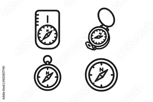 Vector Set of Outdoor Compass Icons. Outline Collection Featuring Hiking Compass, Baseplate Compass, Lensatic Compass, Magnetic Dial. Navigation, Orienteering, Camping, Travel, Adventure Tools