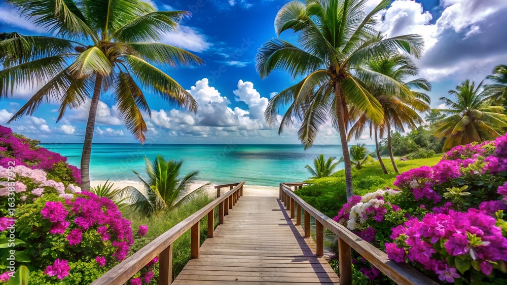 Fototapeta premium Tropical Beach Paradise: Wooden Walkway to Turquoise Ocean, Lush Palm Trees, Vibrant Flowers
