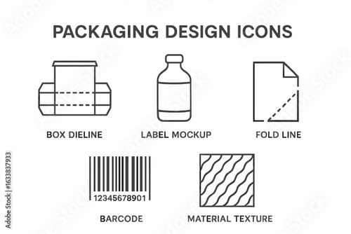 Packaging design outline icon set. Box dieline, label mockup, fold line, barcode, material texture. Vector illustration. Packaging template, branding, product label, graphic resources, print.