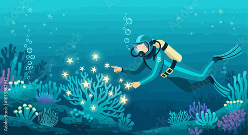 Diver Touches Glowing Coral Reef In The Deep Blue Ocean Depths