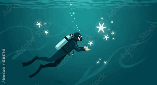 Diver Reaching For Distant Glowing Stars Amidst Ocean Depth Adventure