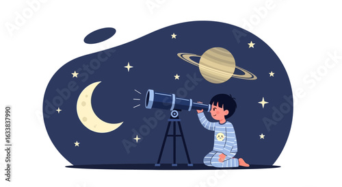 Child Dreams Of Space Exploration With Telescope At Night Under Stars