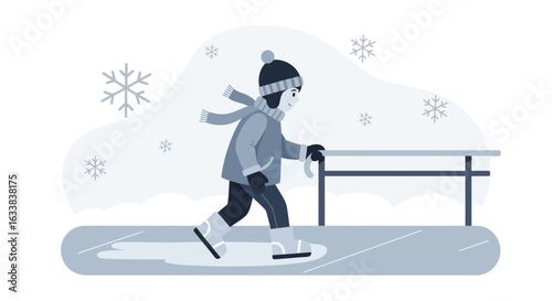 Child Enjoying Winter Skating On An Outdoor Rink With Snow Falling Light Background
