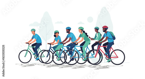 Diverse Cyclists Enjoying A Ride Together On Bicycles And Wearing Helmets