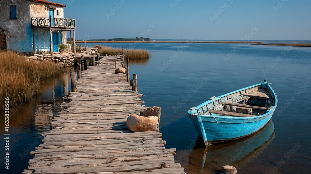 Fototapeta premium Peaceful riverside with wooden pier and fishing boat resting on calm water under an empty sky, perfect natural setting for outdoor recreation, summer leisure, and serene vacation moments.
