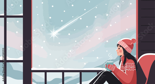 Cozy Winter Scene Girl Drinking Coffee Watching Snowfall From A Window