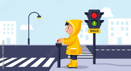 Child In Yellow Raincoat Pressing Crosswalk Button In City Environment