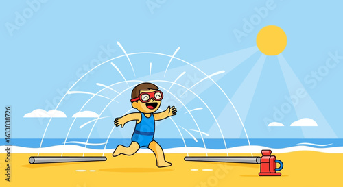 Child Playing Joyfully In Sprinkler Cartoon Illustration On Beach