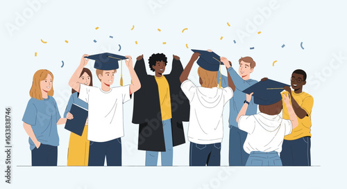 Diverse Graduating Students Celebrating Academic Achievement With Confetti Shower