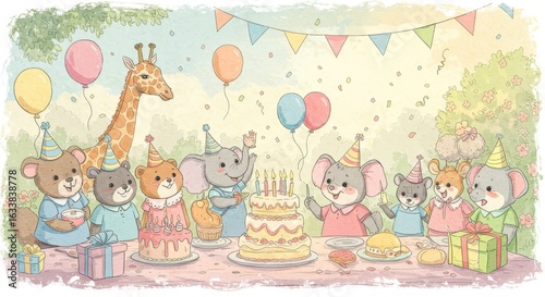 Animals Having a Birthday Party with Cake and Balloons Illustration