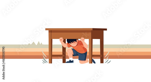 Child Protecting Himself Under A Wooden Table During Earthquake Drill