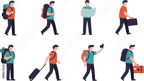 Man with backpack and suitcase walking and holding map and camera luggage