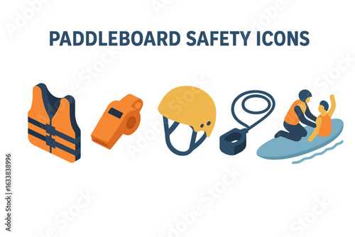 Paddleboard Safety Equipment Isometric Icon Set. Life Jacket, Whistle, Helmet, Leash, Rescue. Vector Illustration for Water Sports Safety, Emergency Gear, Paddleboarding Precautions, SUP Accessories