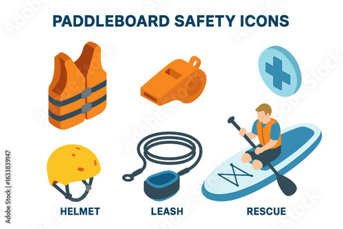 Paddleboard safety icons. Isometric vector set of paddleboarding safety equipment including life jacket, helmet, leash, whistle, rescue, medical cross. Stand up paddleboard gear. Outdoor water sports.
