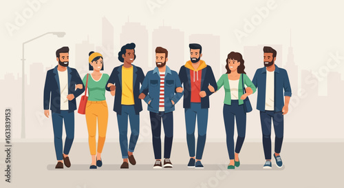 Diverse Group Of Friends Arm In Arm Walking In The City Together