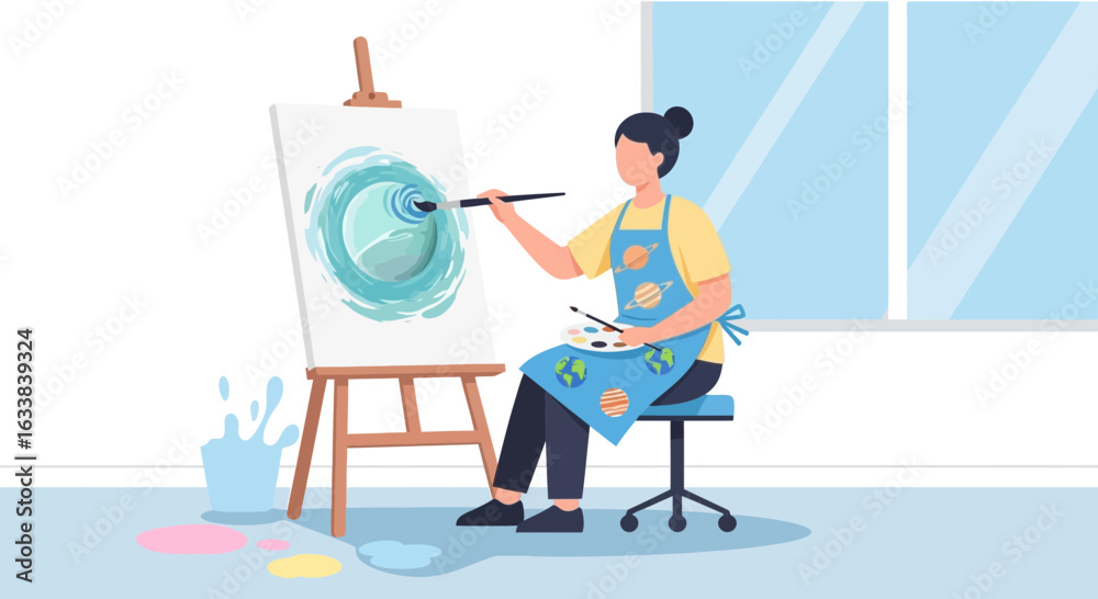 Fototapeta premium Creative Artist Painting A Swirl With Brush On Easel In Bright Studio