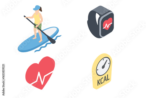 Stand Up Paddleboarding Fitness Icons Set. Isometric Vector of Woman on Paddleboard, Heart Rate, Calorie Counter, Fitness Tracker. Outdoor Water Sport, Healthy Lifestyle, Exercise, Cardio, Wellness