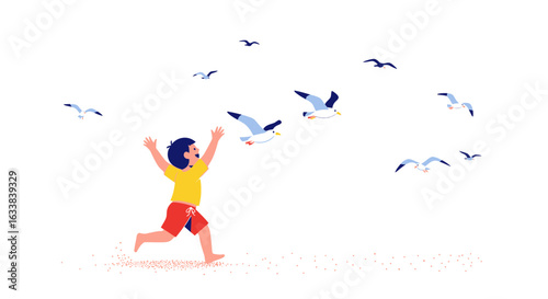 Childhood Dream A Young Boy Chasing Seagulls On The Beach With Joyful Expression